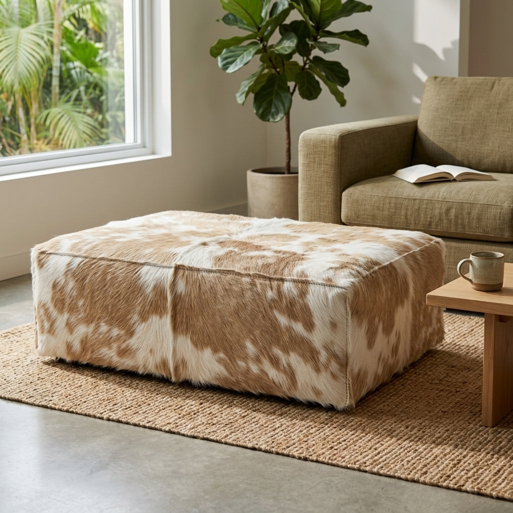 Puff de Couro Bovino 100% Natural Retangular Bege e Branco Malhado Tamanho Extra Grande 120cm x 80cm x 40cm — foto de ambiente 1:1