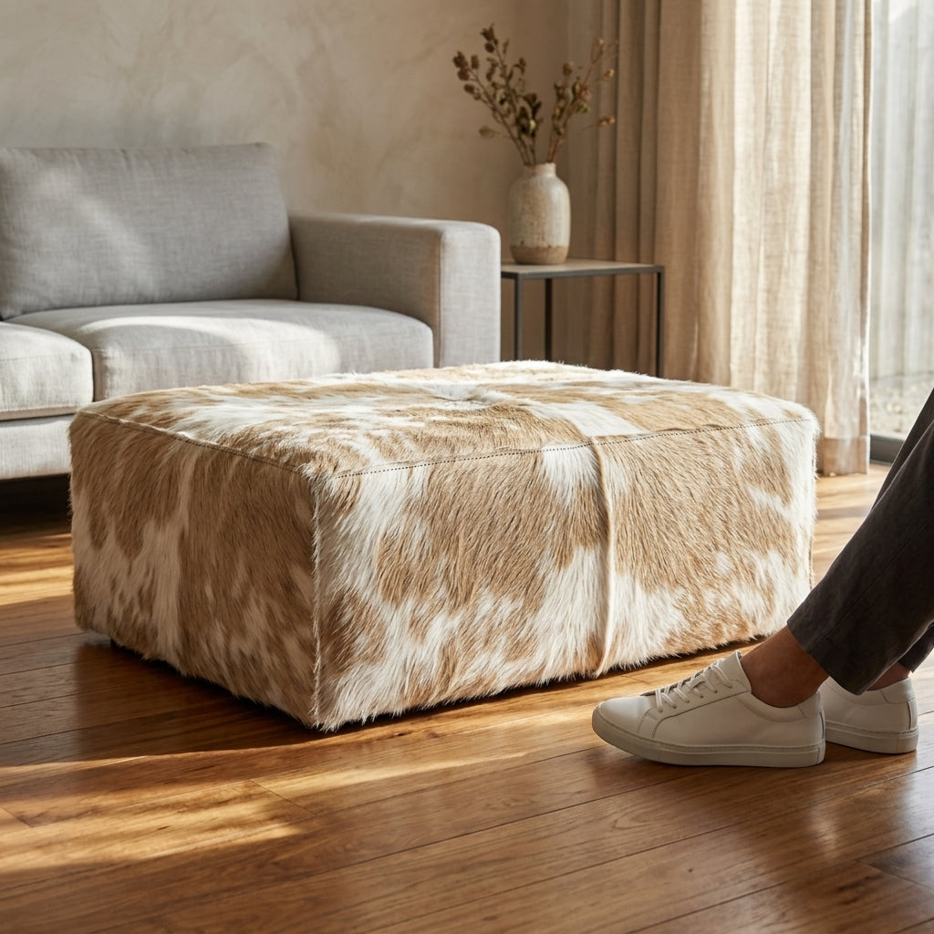 Puff de Couro Bovino 100% Natural Retangular Bege e Branco Malhado Tamanho Extra Grande 120cm x 80cm x 40cm — foto de ambiente 1:1