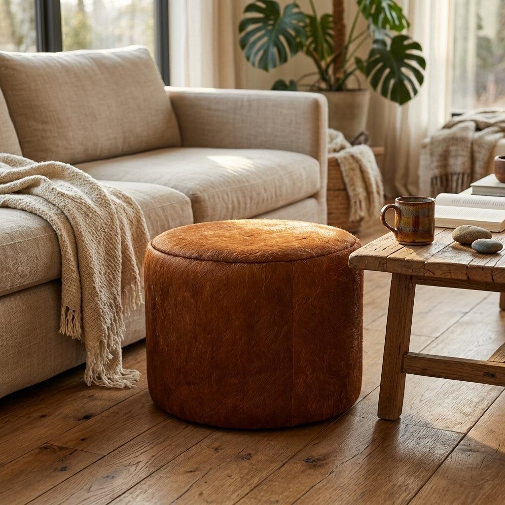 Puff Redondo Marrom em Couro 100% Natural Bovino 50x40cm — foto de ambiente 1:1