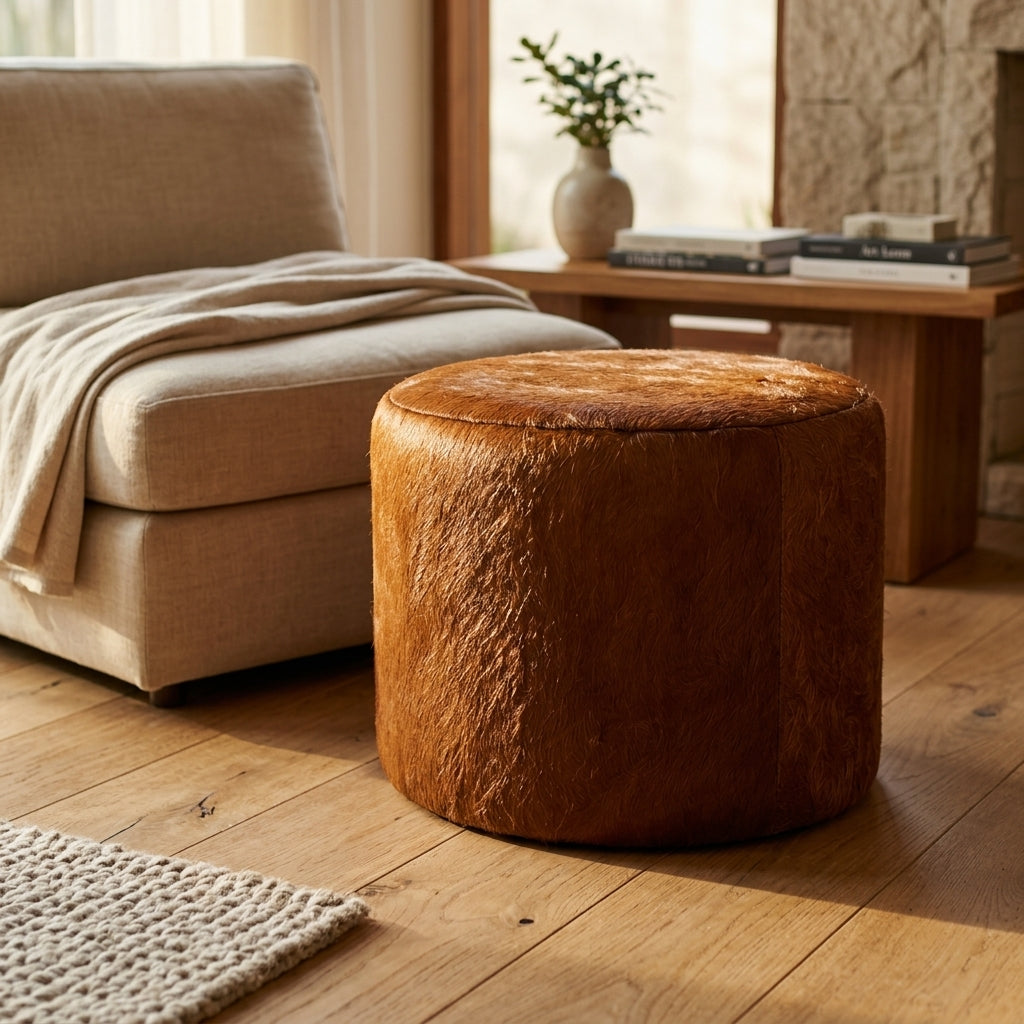 Puff Redondo Marrom em Couro 100% Natural Bovino 50x40cm — foto de ambiente 1:1