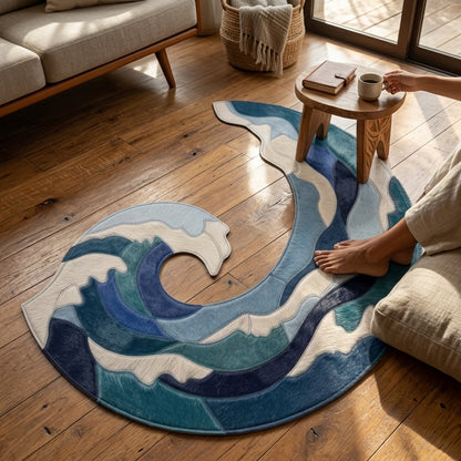 Tapete Orgânico Ondas em Tons de Azul e Branco 100% Couro Legítimo — foto de ambiente 1:1