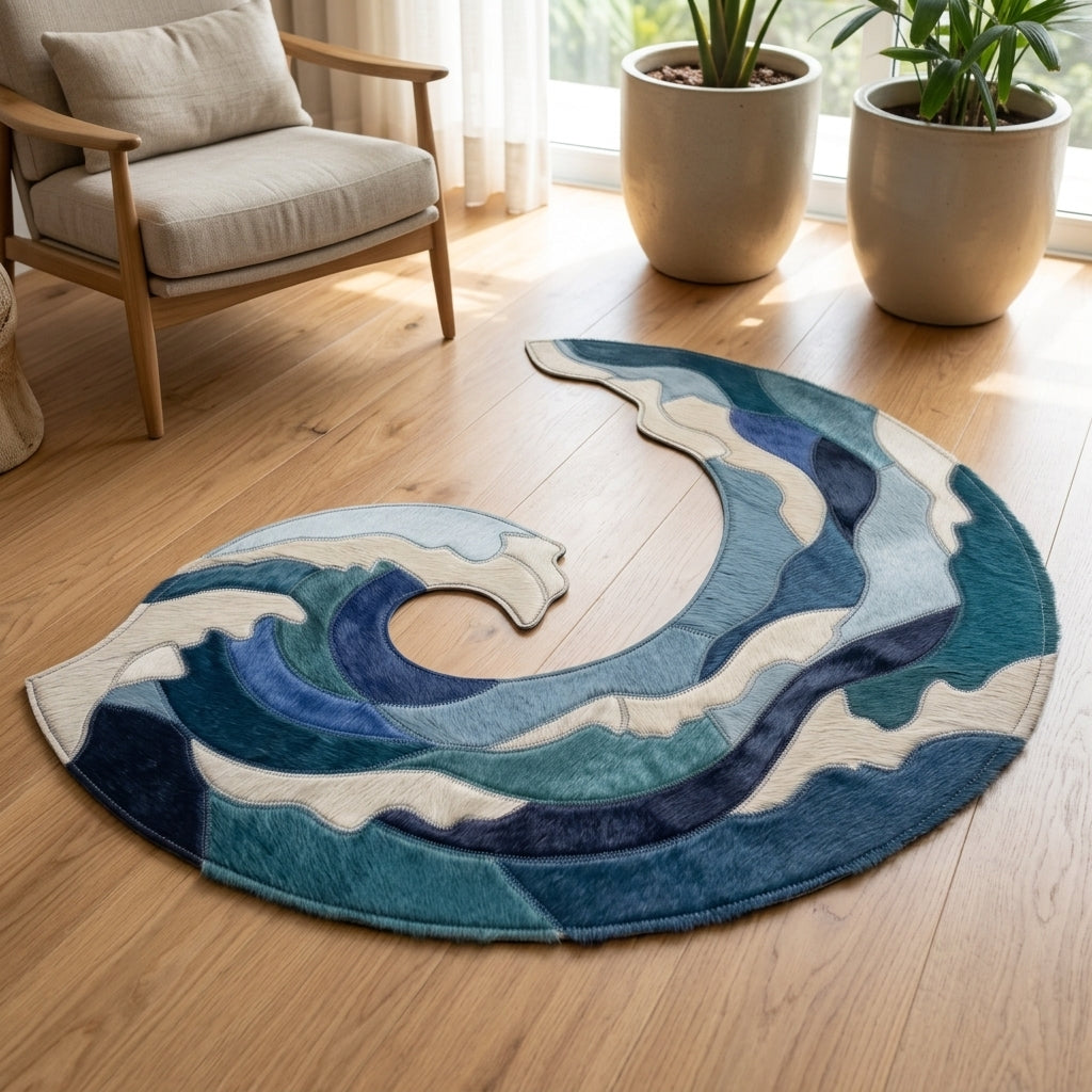 Tapete Orgânico Ondas em Tons de Azul e Branco 100% Couro Legítimo — foto de ambiente 1:1