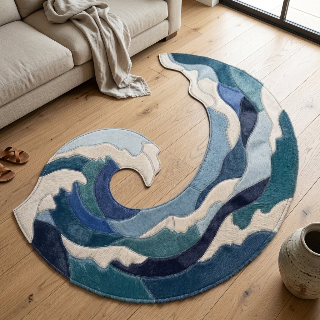 Tapete Orgânico Ondas em Tons de Azul e Branco 100% Couro Legítimo — foto de ambiente 1:1