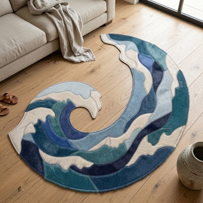 Tapete Orgânico Ondas em Tons de Azul e Branco 100% Couro Legítimo — foto de ambiente 1:1