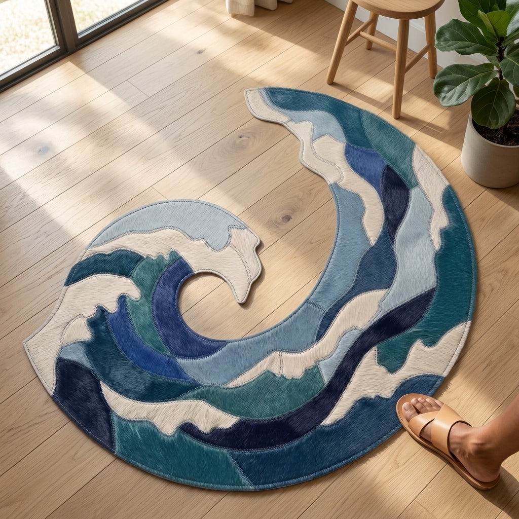 Tapete Orgânico Ondas em Tons de Azul e Branco 100% Couro Legítimo — foto de ambiente 1:1