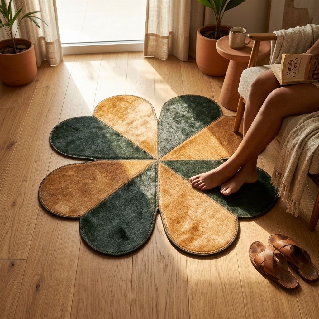 Tapete de Couro Legítimo Trevo de 4 Flores Marrom e Verde – Peça Artesanal — foto de ambiente 1:1