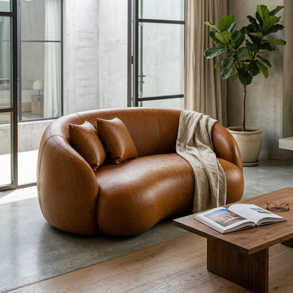 Sofá Orgânico Curvo Caramelo em living de concreto e madeira, com manta no braço e mesa de centro baixa
