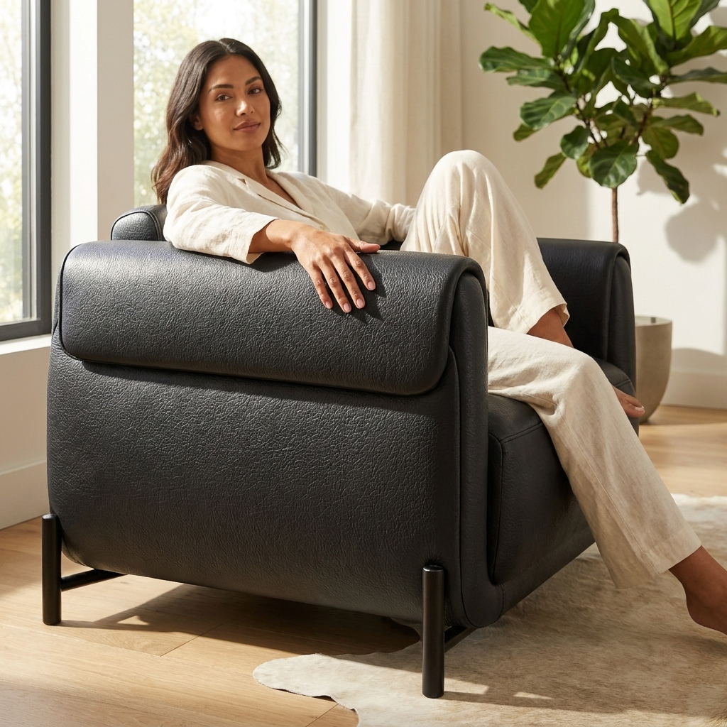 Poltrona Plush Preto Grafite em Couro Legítimo, Base Aço Carbono — em ambiente decorado