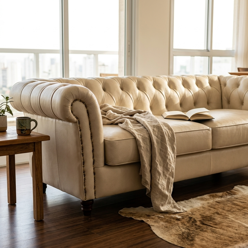 Sofá Chesterfield Marfim em living com manta de linho, tapete de couro e mesa lateral de madeira