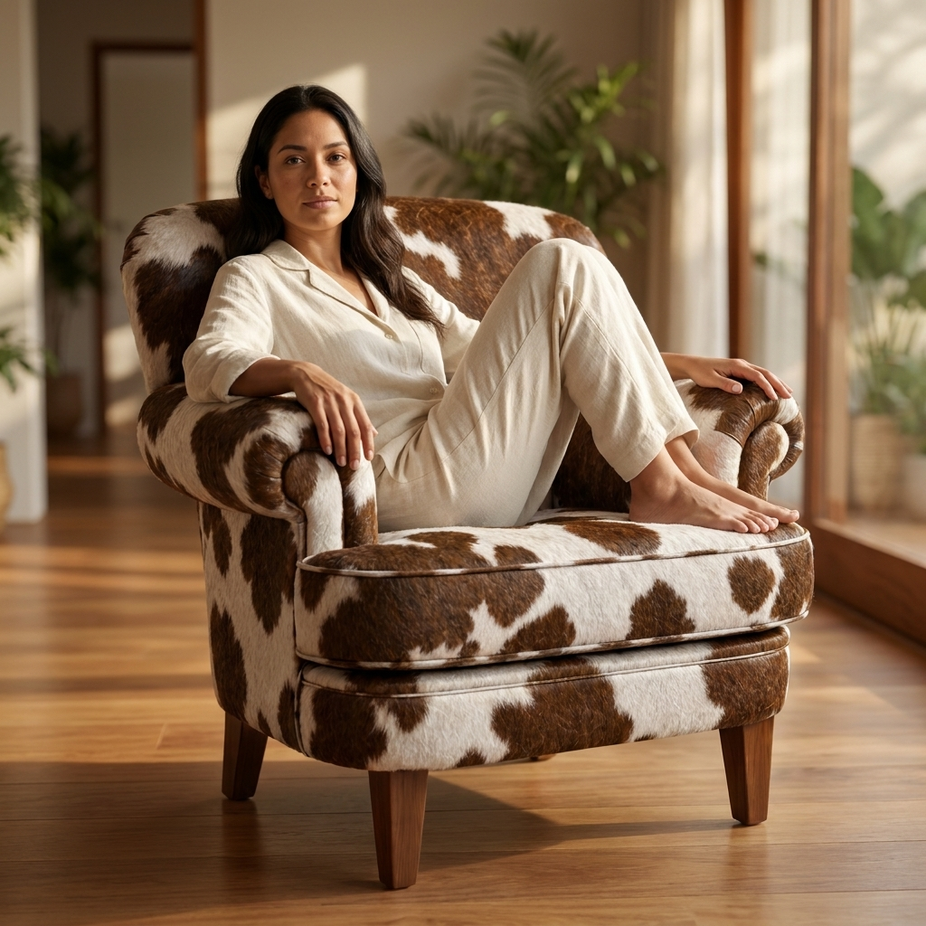 Poltrona Kansas em Pelo Bovino Natural Marrom e Branco | DECOURO — foto de ambiente 1:1