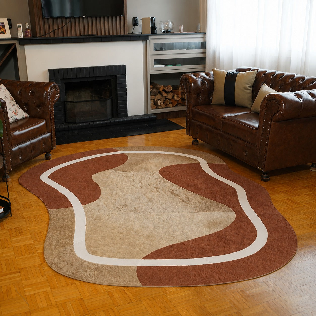 Tapete de Couro Orgânico Terracota Tingido e Creme - 1,5x2m