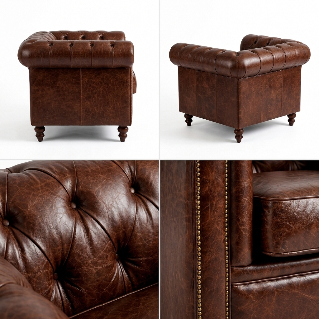 Detalhes da Poltrona Chesterfield Tabaco: perfil lateral, capitonê e acabamento dos pés torneados