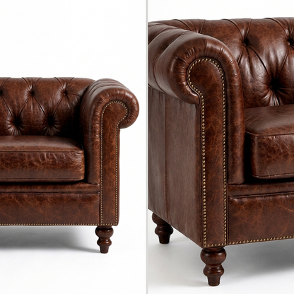 Poltrona Chesterfield Tabaco em perfil lateral e close do braço rolô com cravejado de tachas