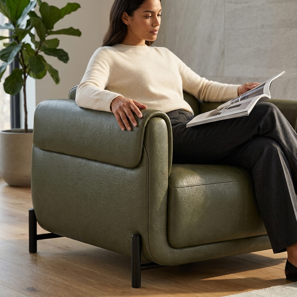 Poltrona Plush Verde Oliva em Couro Legítimo com Base em Aço Carbono — em ambiente decorado