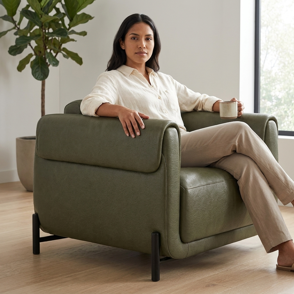 Poltrona Plush Verde Oliva em Couro Legítimo com Base em Aço Carbono — em ambiente decorado