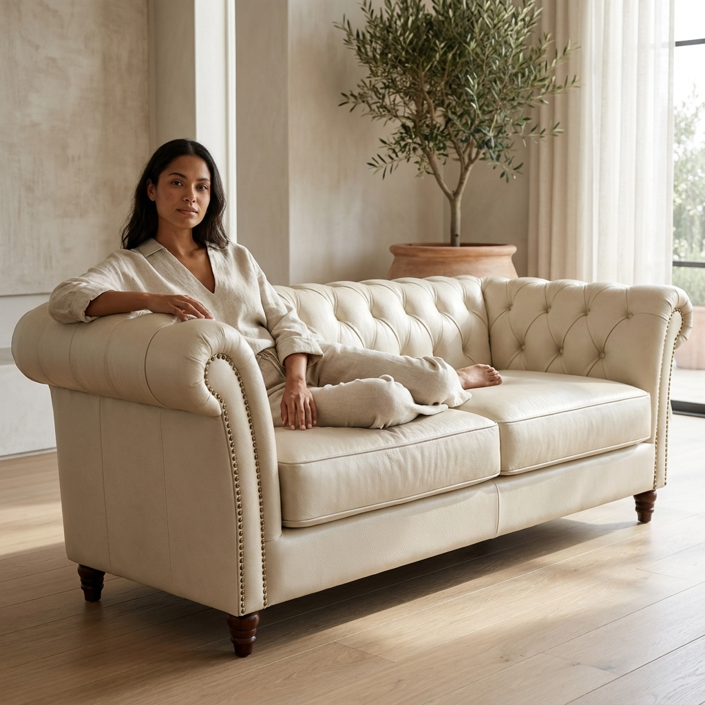 Mulher recostada no Sofá Chesterfield Marfim, em ambiente claro com oliveira em vaso