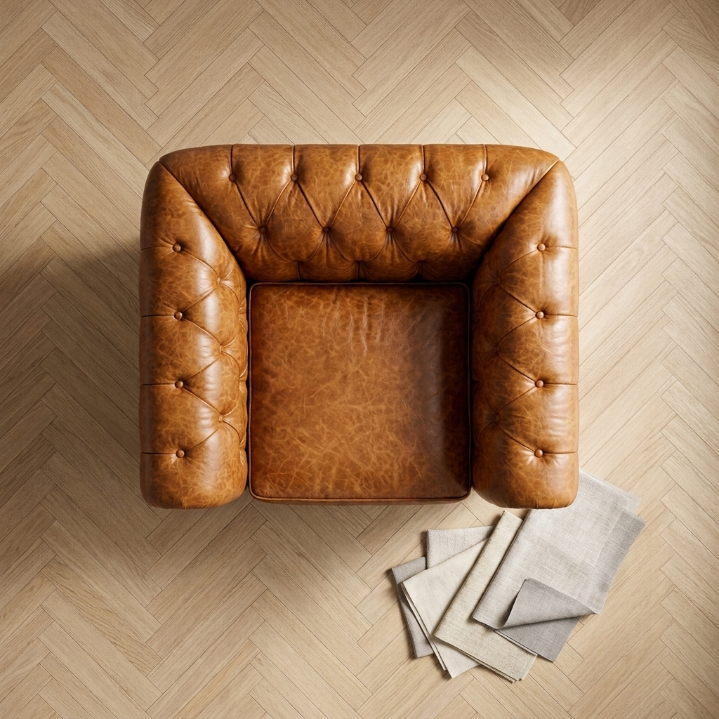 Poltrona Chesterfield Caramelo vista de cima em piso espinha de peixe, com guardanapos de linho ao lado