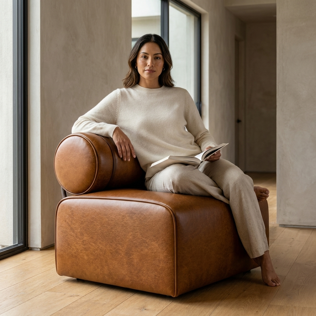 Mulher lendo sentada em um módulo do Sofá Modular, junto a parede de cimento queimado