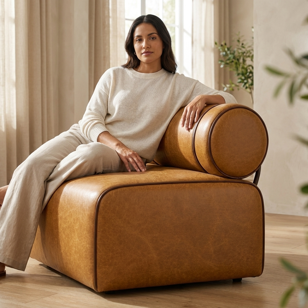 Sofá Modular Caramelo em Couro Natural — 1, 2 ou 3 Módulos — foto de ambiente 1:1