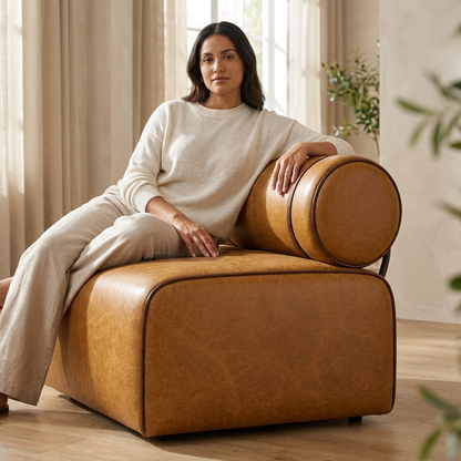 Sofá Modular Caramelo em Couro Natural — 1, 2 ou 3 Módulos — foto de ambiente 1:1