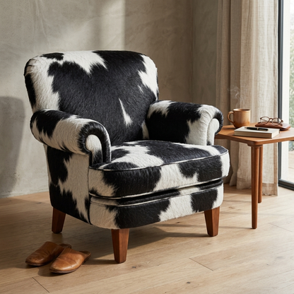Poltrona Kansas em Pelo Bovino Natural Preto e Branco | DECOURO — foto de ambiente 1:1