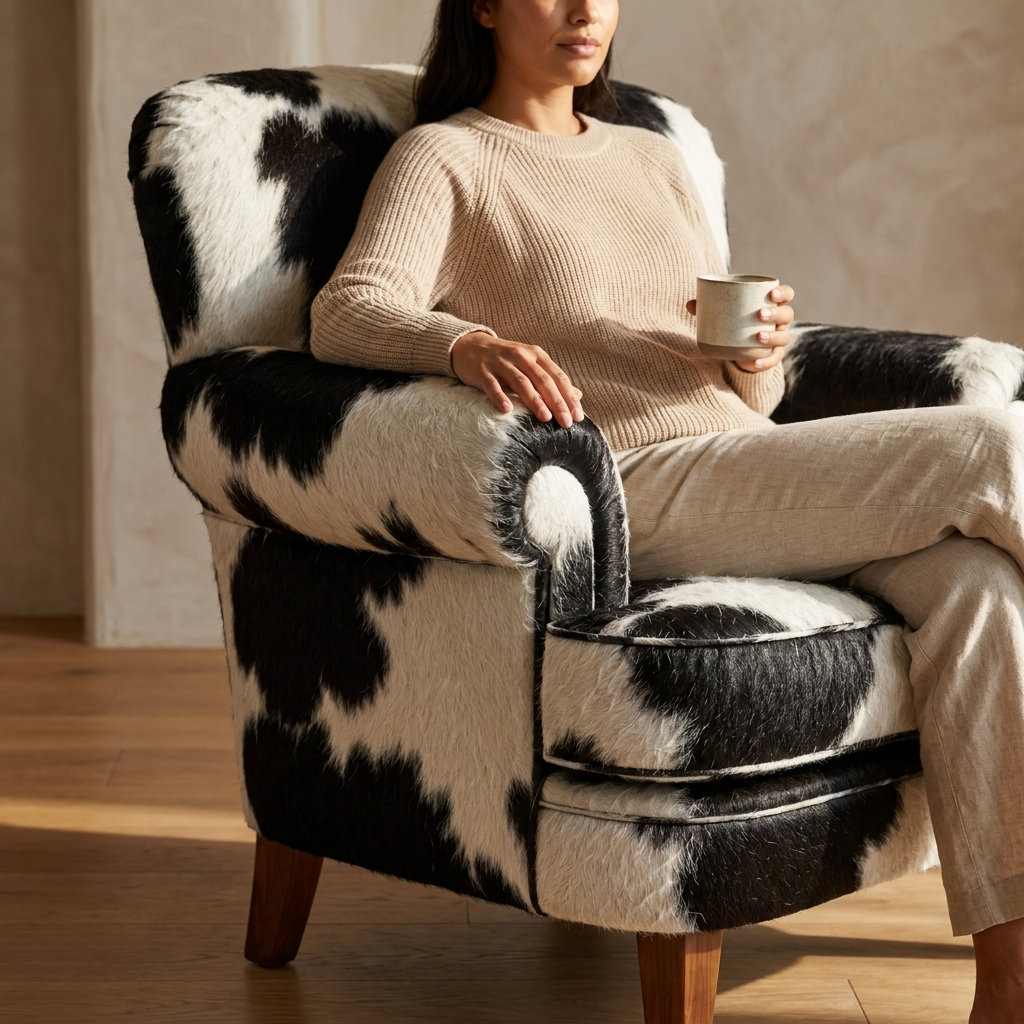 Poltrona Kansas em Pelo Bovino Natural Preto e Branco | DECOURO — foto de ambiente 1:1