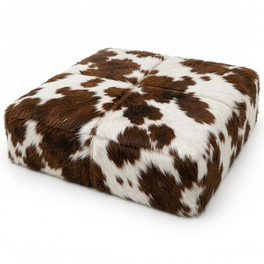 Puff Tamanho Gigante 1,20 × 1,20 m em Couro Bovino Natural Marrom e Branco (Lojas, Hotéis e Salões de Eventos)