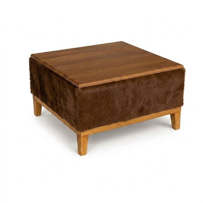 Mesa de Centro Marrom em Couro e Madeira Maciça 60x60x35cm