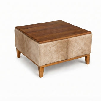 Mesa de Centro Bege Claro em Couro Natural e Madeira Maciça 60x60x35cm