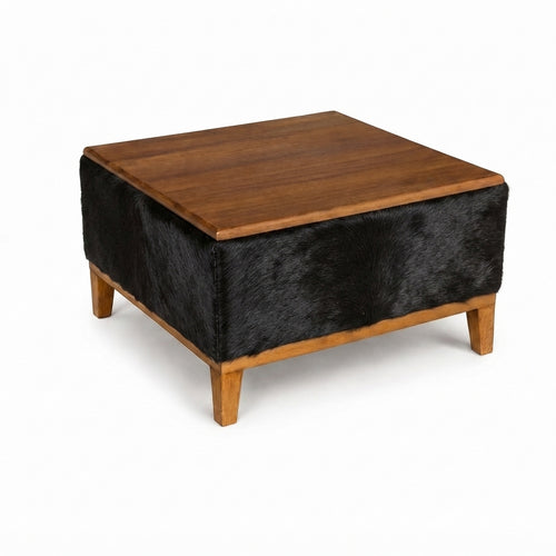 Mesa de Centro Preta em Couro Natural e Madeira Maciça 60x60x35cm