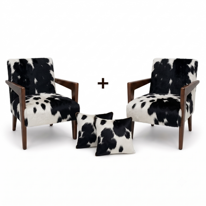 Conjunto com 2 poltronas Alice em couro bovino preto e branco e 2 almofadas de couro