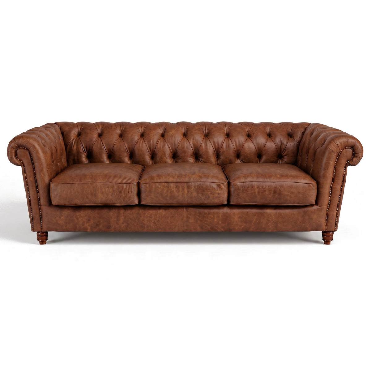 Sofá Inglês Chesterfield Tabaco de 3 lugares — 254 cm em couro premium texturizado, fundo branco