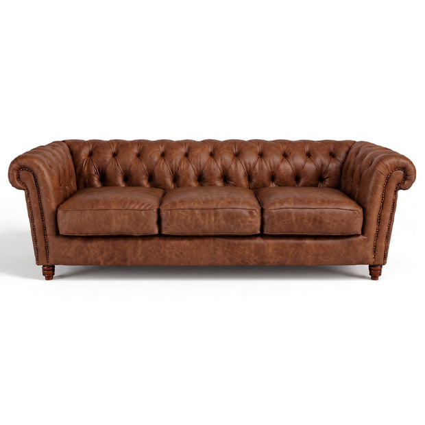 Sofá Inglês Chesterfield Tabaco em Couro Premium (Texturizado) 2, 3 ou 4 Lugares — versão 3 Lugares