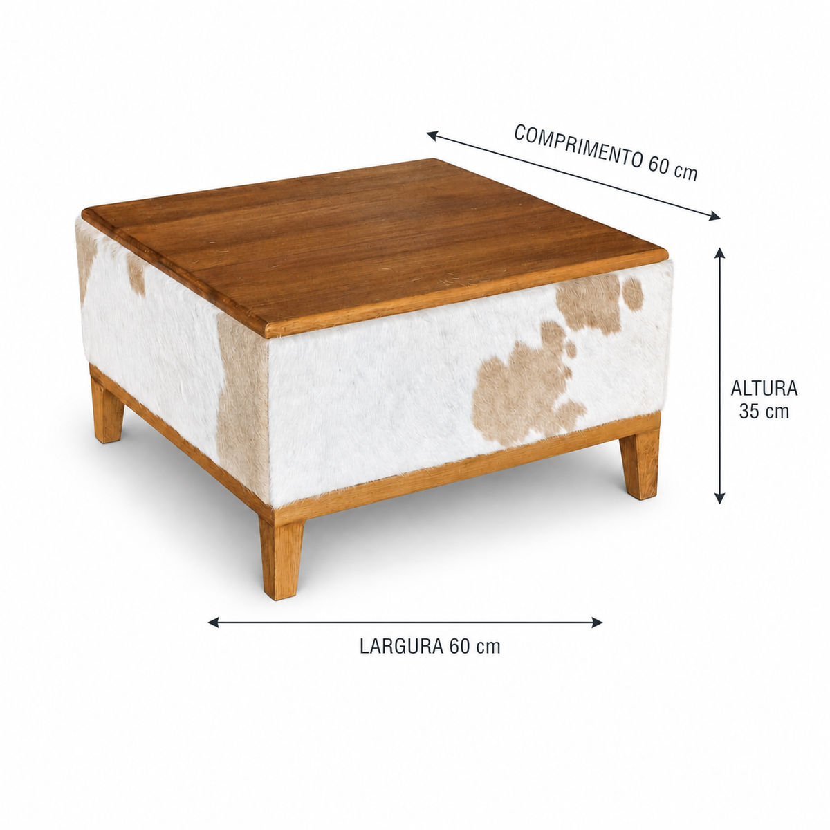 Mesa de Centro em Couro e Madeira Maciça 60x60x35cm - Pronta Entrega