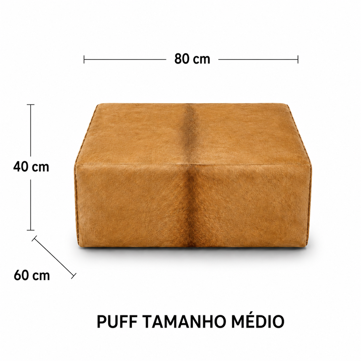 Puff de couro marrom mostrando o tamanho grande e formato