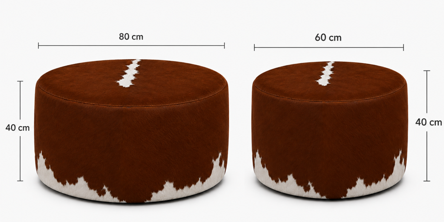 Puff Redondo em Couro Bovino Natural - Hereford Marrom e Branco