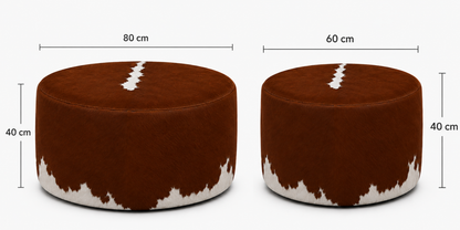 Puff Redondo em Couro Bovino Natural - Hereford Marrom e Branco