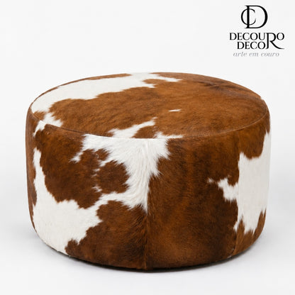 Puff Redondo em Couro Bovino Natural - Marrom e Branco Malhado Linha Premium
