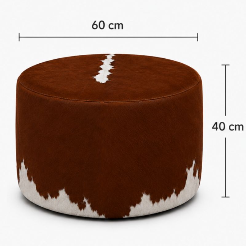 Puff Redondo em Couro Bovino Natural - Hereford Marrom e Branco