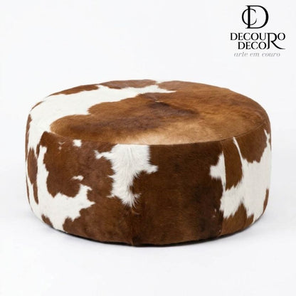 Puff Redondo em Couro Bovino Natural - Marrom e Branco Malhado Linha Premium