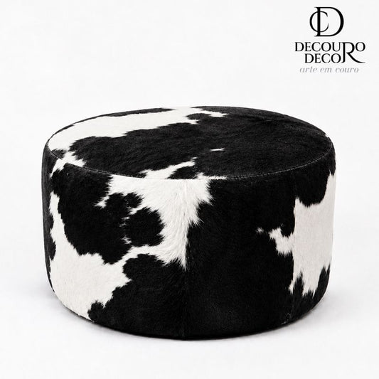Puff Redondo em Couro Bovino Natural - Preto e Branco