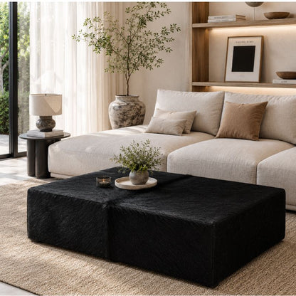 Puff Retangular em Couro Bovino Natural – Preto - Tamanho Grande / Extra Grande