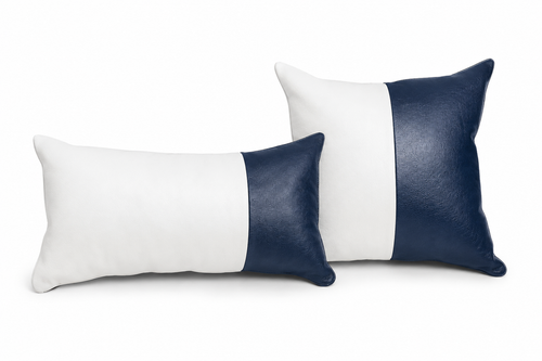Conjunto com 02 Almofadas DUE em Couro Legítimo Azul Navy  e Branco Couro La Paz Legítimo