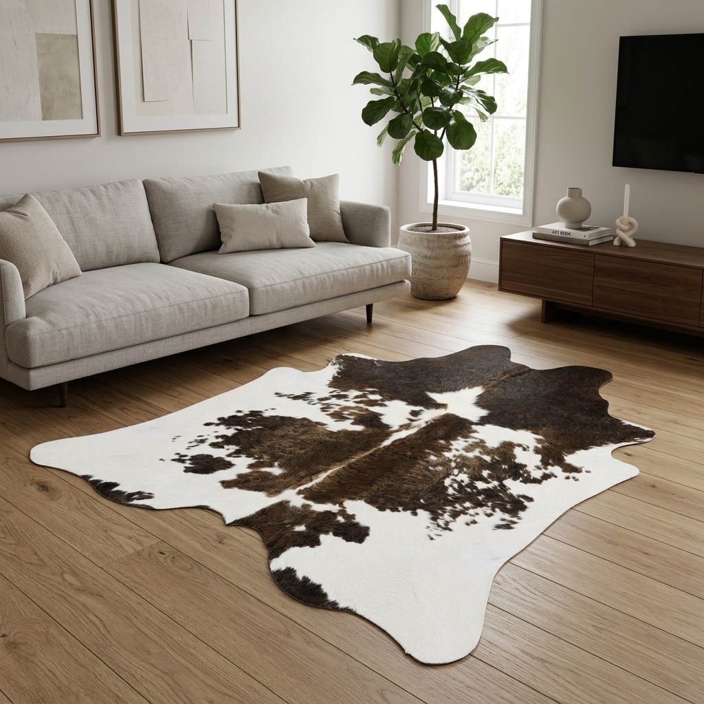 Ambiente decorado com tapete pele de boi natural 1,94x1,95m de couro