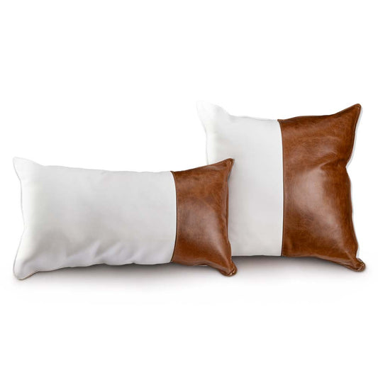 Conjunto com 02 Almofadas DUE em Couro Legítimo Caramelo e Branco