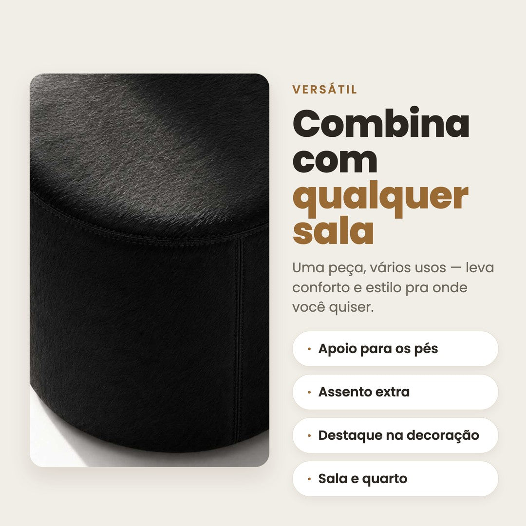 DECOURO · Puff Redondo Preto em Couro Legítimo — Tamanho Médio — Versatilidade