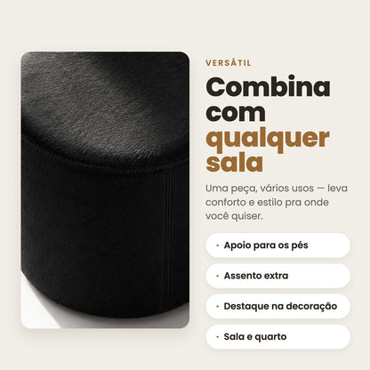 DECOURO · Puff Redondo Preto em Couro Legítimo — Tamanho Médio — Versatilidade