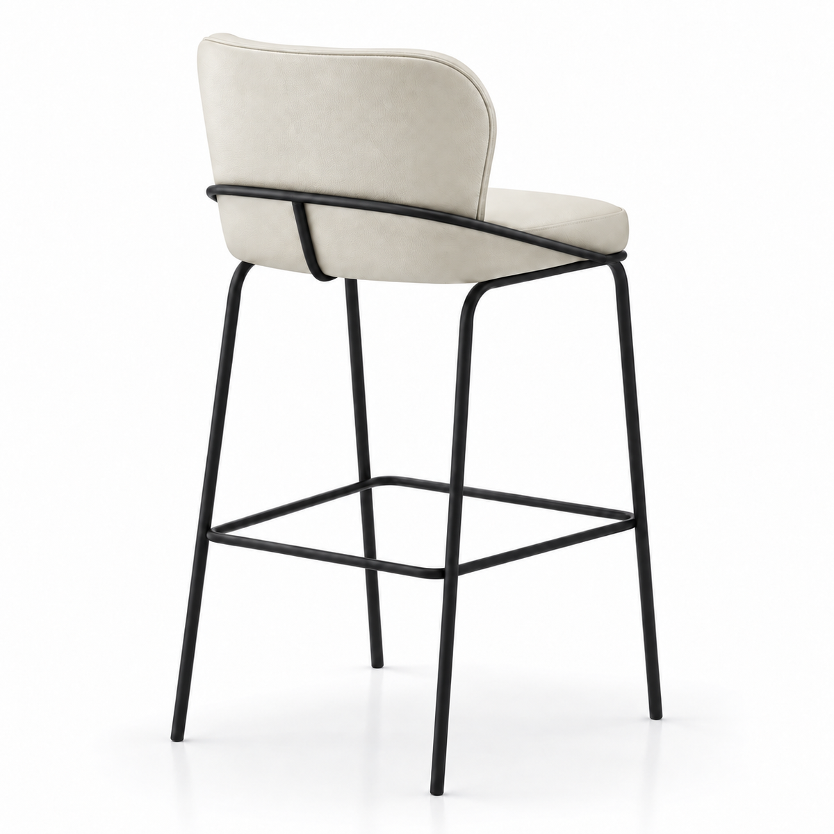 Banqueta Nature off white vista de costas, com encosto estofado e barra de metal preta