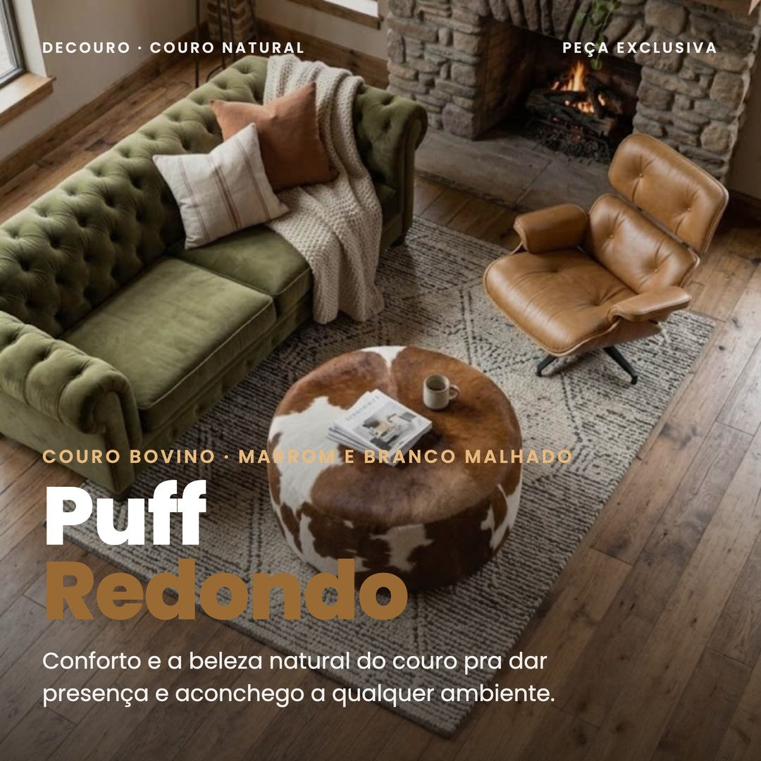 DECOURO · Puff Redondo em Couro Bovino Natural - Marrom e Branco Malhado Linha Premium — Hero