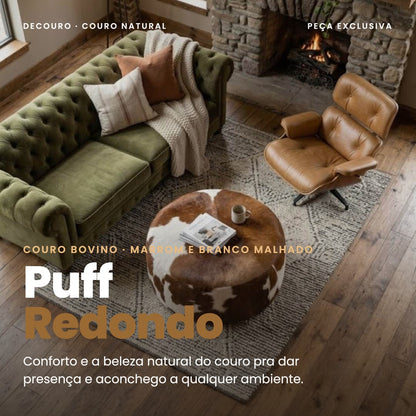 DECOURO · Puff Redondo em Couro Bovino Natural - Marrom e Branco Malhado Linha Premium — Hero